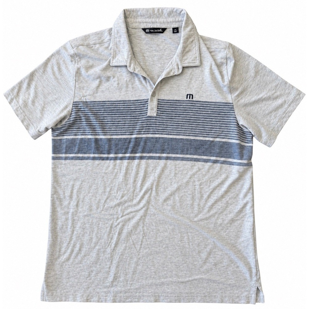 TravisMathew Men's XXL Gray Blue Striped Short Sleeve Golf Polo Shirt 2XL